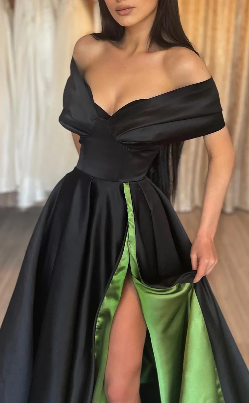 RP1492-Elegant Black A-Line Off-the-Shoulder Ruched Cap Sleeves Prom Evening Dresses Formal Party Gowns With Slit