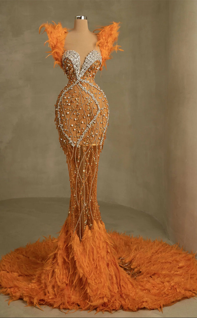 RP249-Orange Trumpet Sweetheart Beads Crystals Feather Prom Evening Dresses Formal Party Gowns With Cap Sleeves