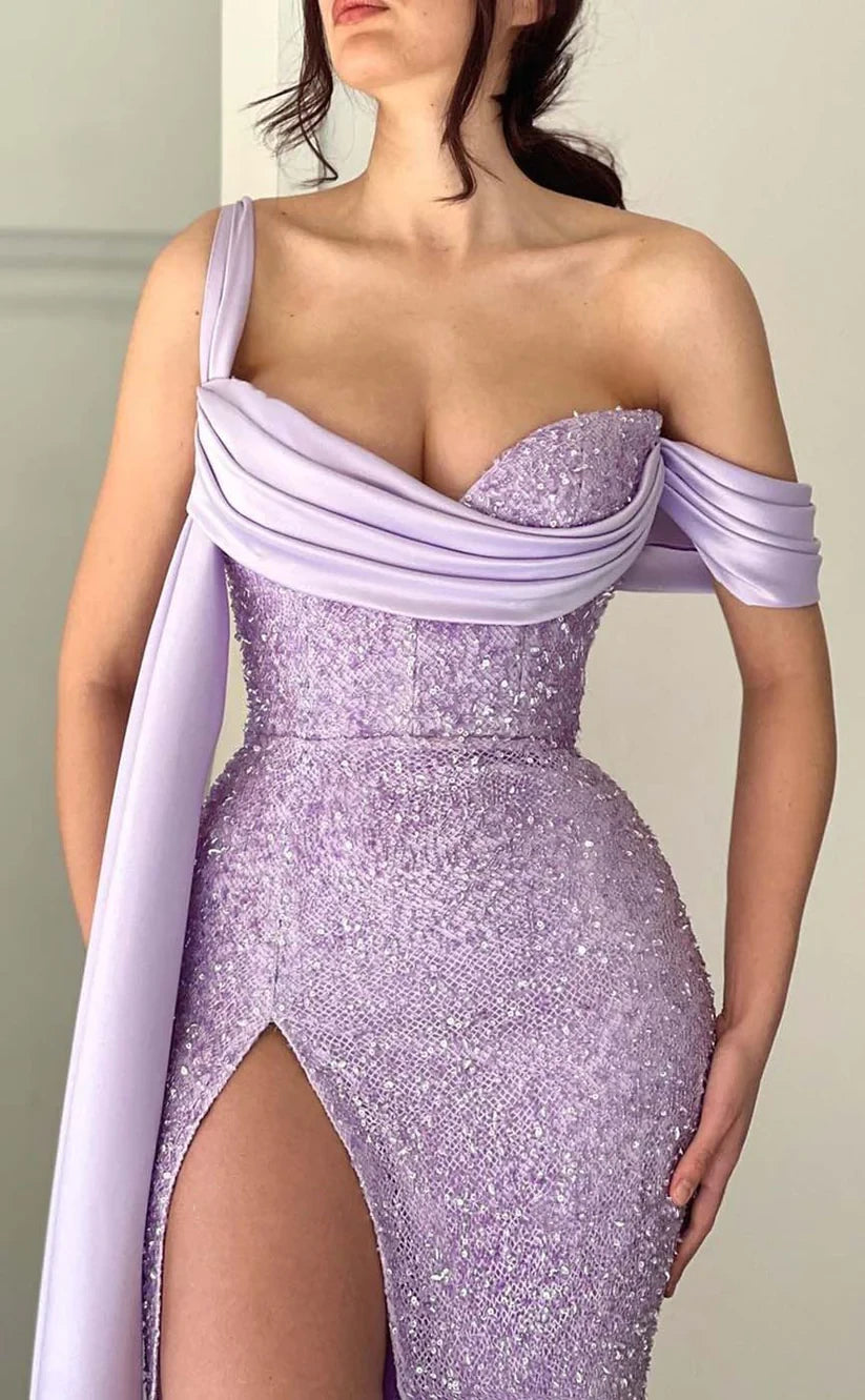 RP1510-Sparkling Lavender Mermaid One Shoulder Sequins Ruched Sleeveless Prom Evening Dresses Formal Party Gowns With Slit