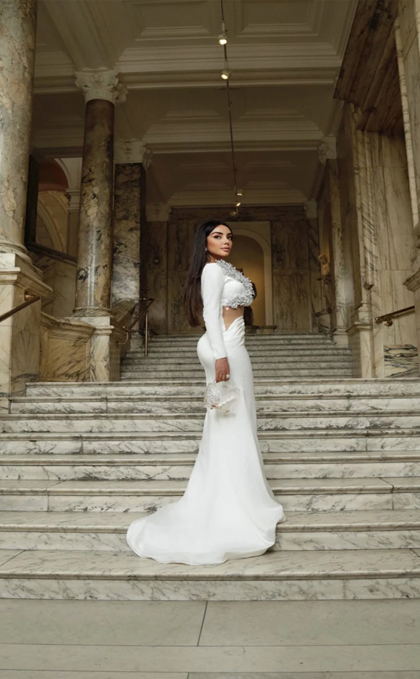 RP245-Classic Trumpet Sheer Neck Beads Pearls Long Sleeves Prom Evening Dresses Formal Party Gowns