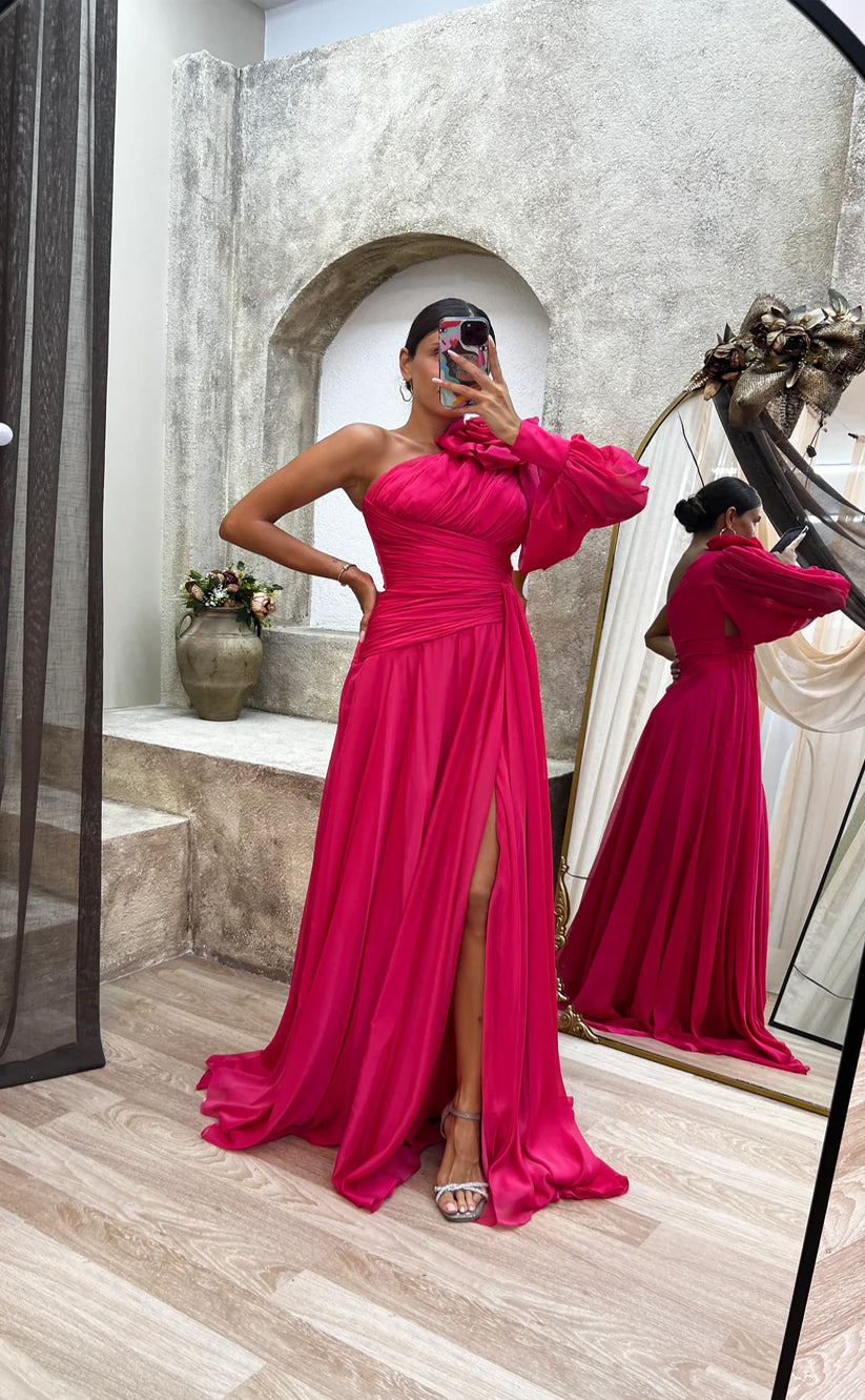 RP1562-Gorgeous Yellow A-Line One Shoulder Flower One Long Sleeve Chiffon Prom Evening Dresses Formal Party Gowns With Slit