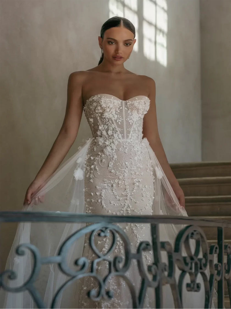 Gorgeous Mermaid Wedding Dresses Sweetheart Appliqued Beads Zipper Sweep Train Tulle Bridal Gowns Custom