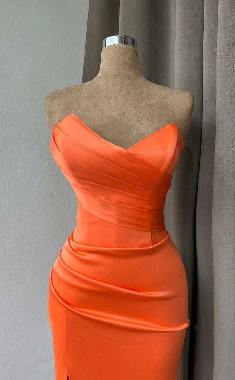RP1554-Gorgeous Orange Mermaid Sweetheart Ruched Sleeveless Satin Prom Evening Dresses Formal Party Gowns With Slit