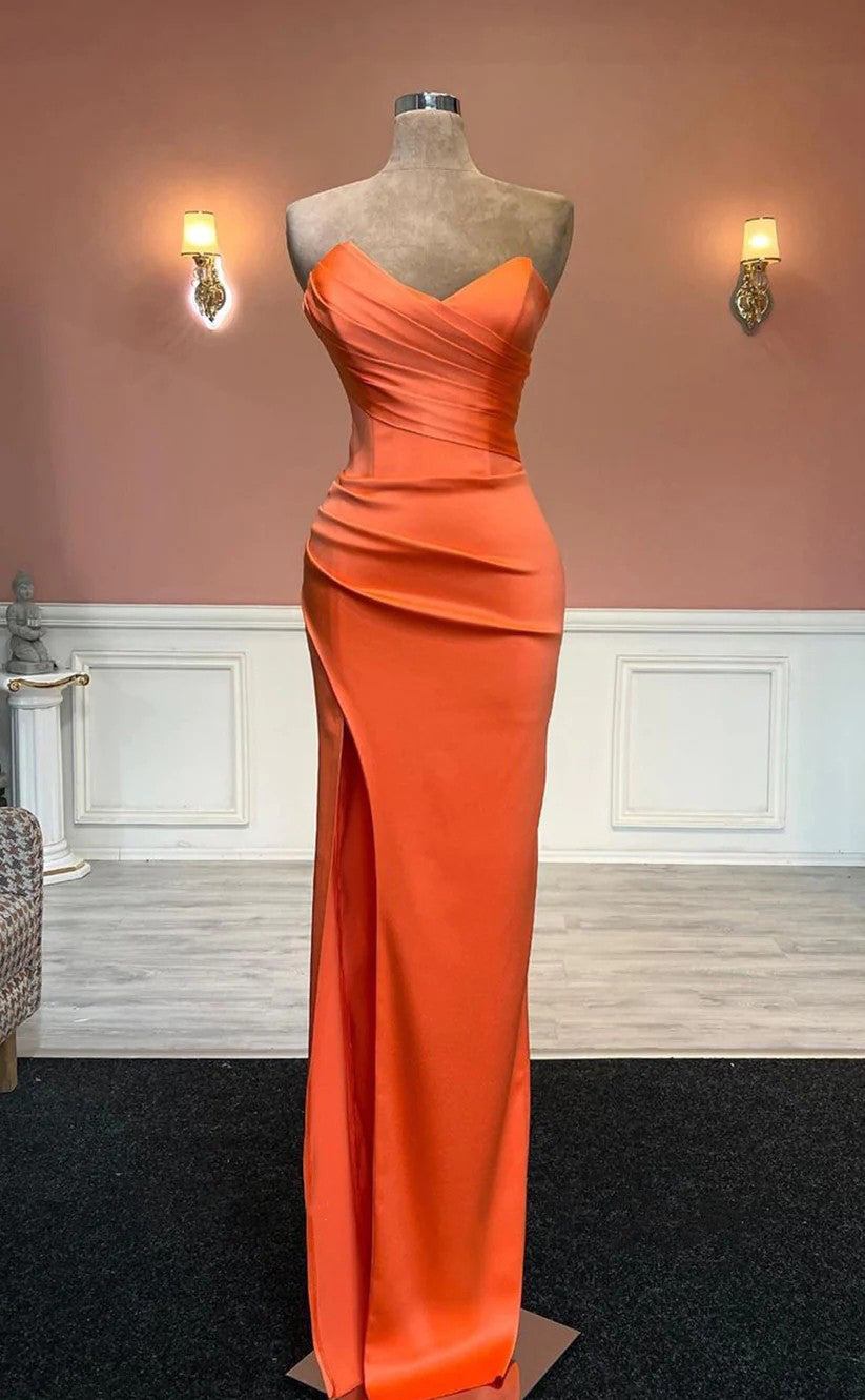 RP1554-Gorgeous Orange Mermaid Sweetheart Ruched Sleeveless Satin Prom Evening Dresses Formal Party Gowns With Slit