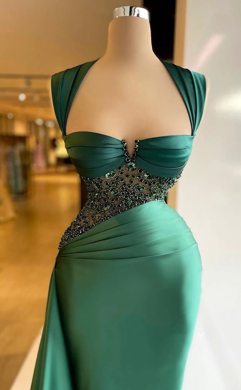 RP1554-Gorgeous Green Mermaid Sweetheart Beaded Ruched Sleeveless Satin Prom Evening Dresses Formal Party Gowns With Train