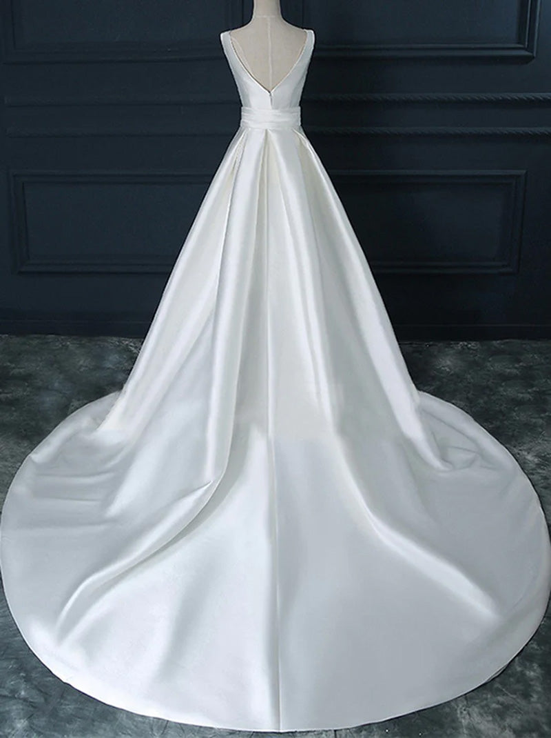 White A-Line Wedding Dresses Scoop Cap Sleeves Bowknot Zipper Satin Court Train Bridal Gowns For Women