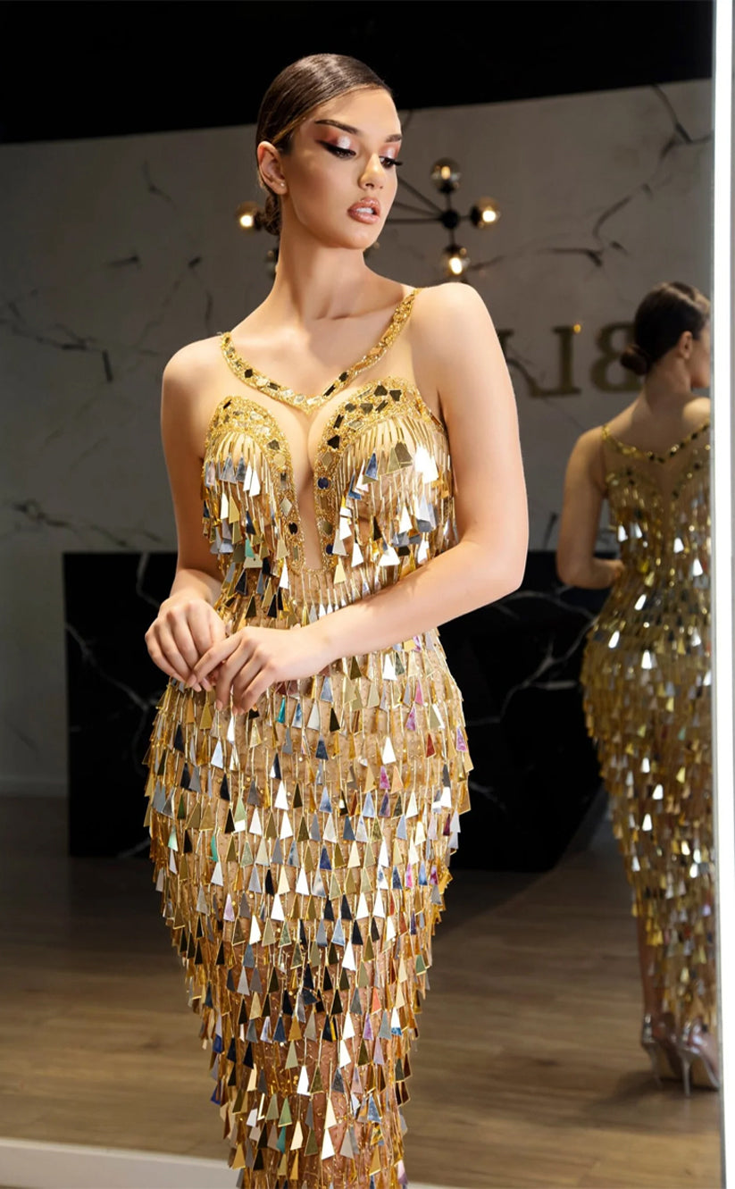RP242-Speakling Mermaid Halter Sleeveless Beads Mirror Tassel Prom Evening Dresses Formal Party Gowns