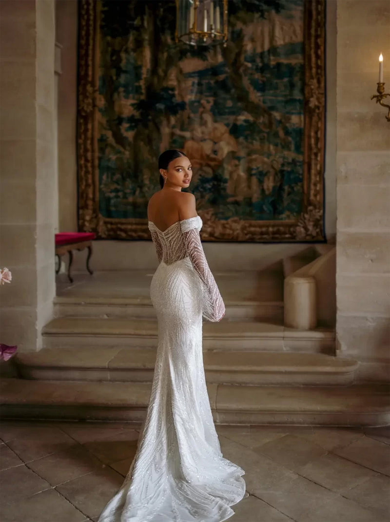 Sparkling & Classic Mermaid Wedding Dresses Sweetheart Beads Long Sleeves Tulle Sweep Train Bridal Gowns Custom With Slit