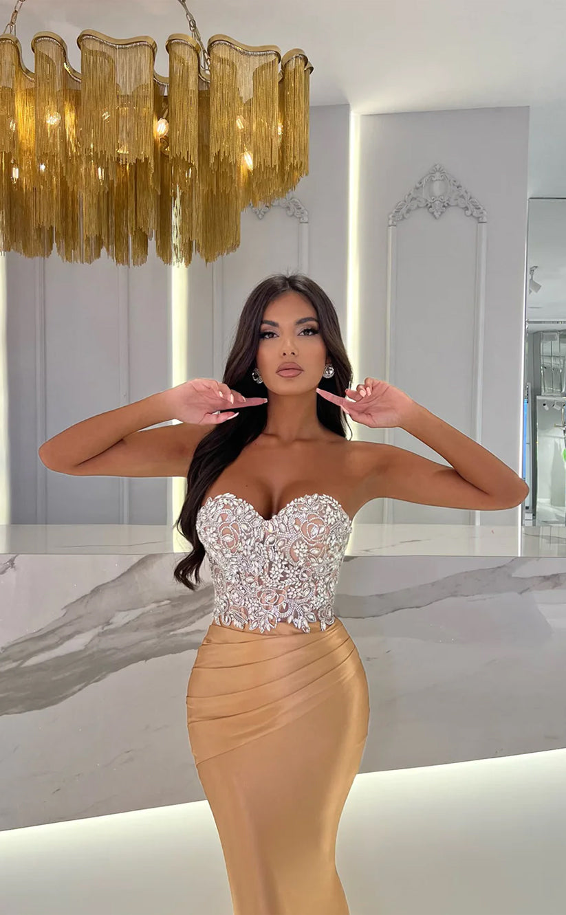 RP1652-Gorgeous Champagne Mermaid Sweetheart Crystals Sleeveless Satin Prom Evening Dresses Formal Party Gowns With Train