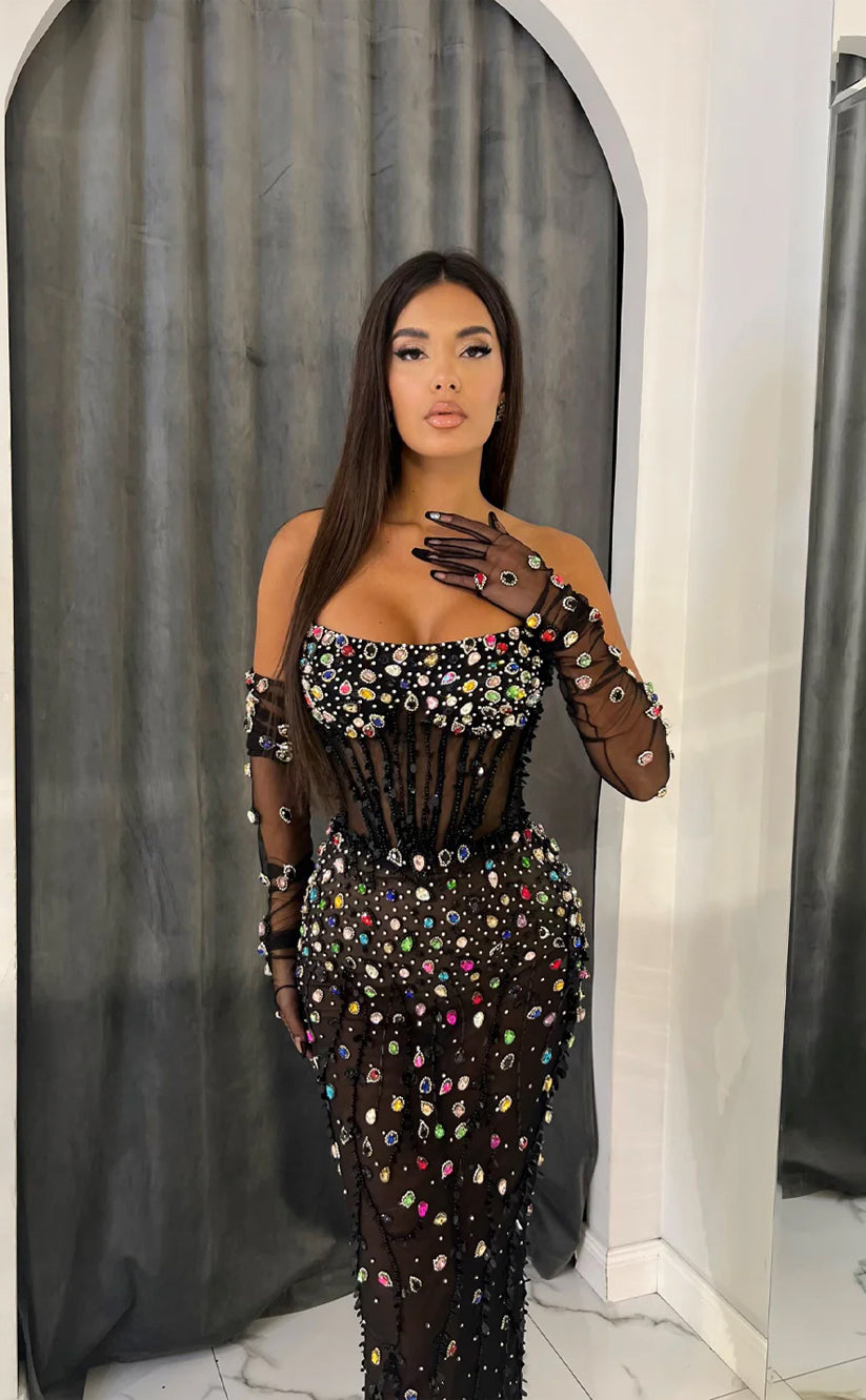 RP1655-Luxury Black Mermaid Strapless Crystals Beaded Long Sleeves Prom Evening Dresses Formal Party Gowns With Detachable Train