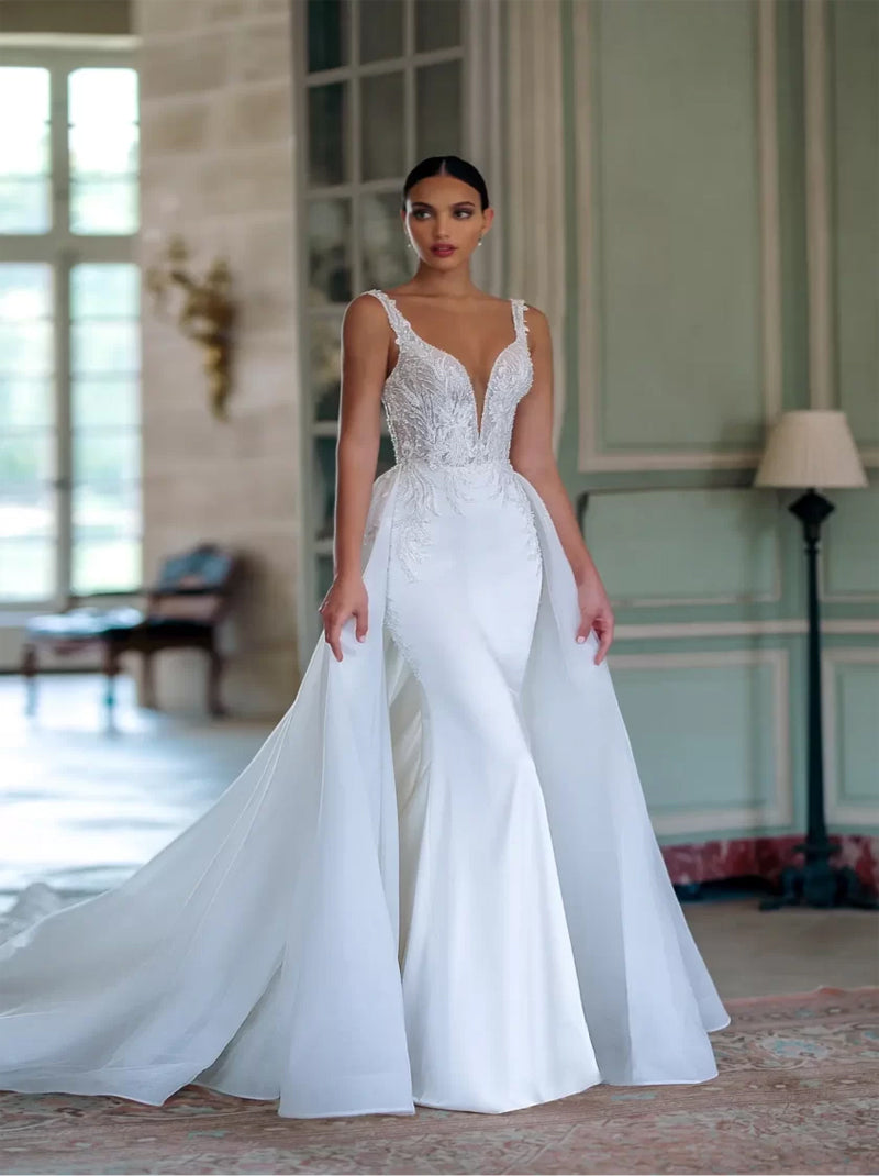 Gorgeous & Luxurious Mermaid Wedding Dresses Spaghetti Appliqued Beads Sleveless Satin Court Train Bridal Gowns Custom