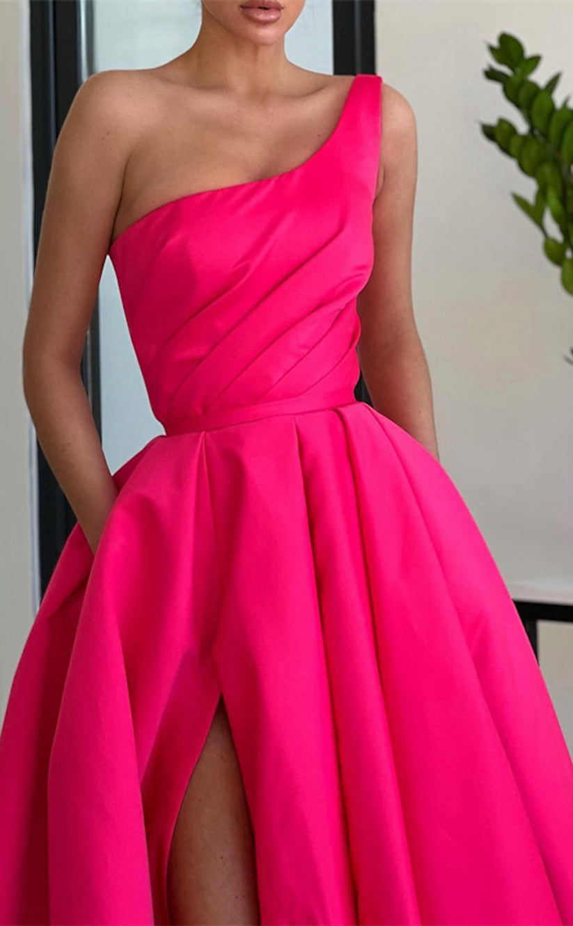 RP1671-Fashion Fuchsia A-Line One Shoulder Pleated Sleeveless Satin Prom Evening Dresses Formal Party Gowns With Slit