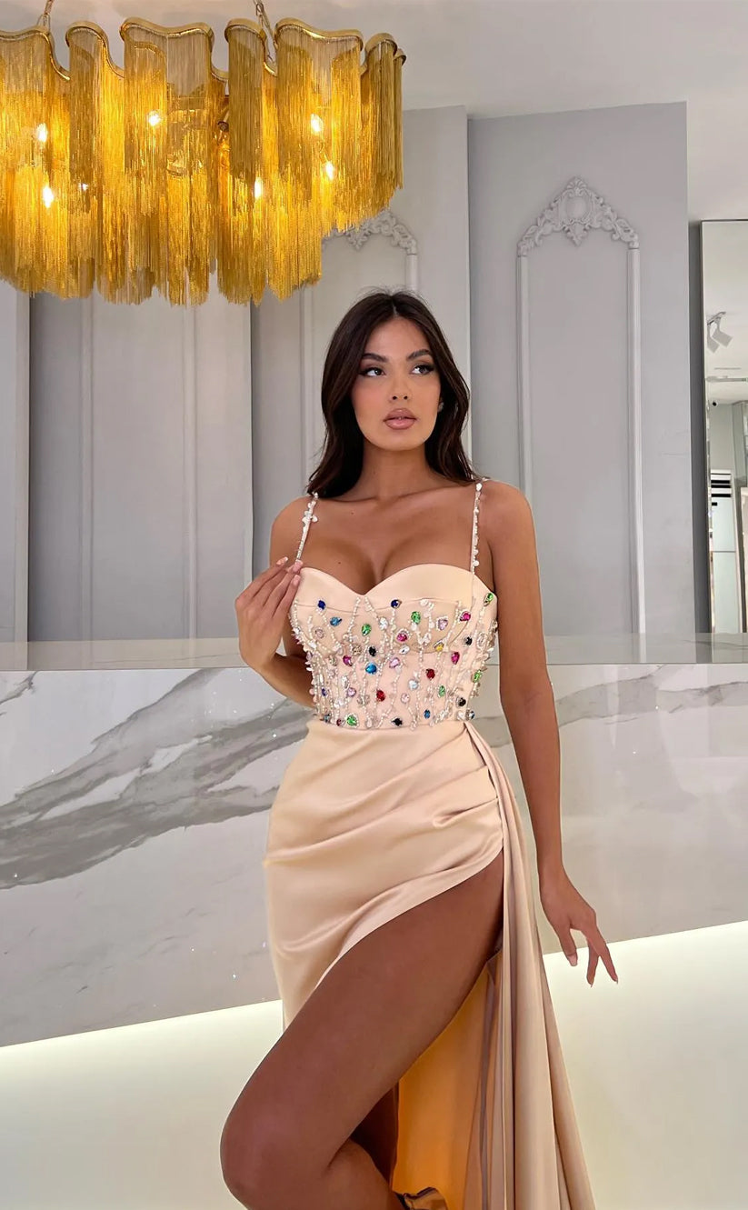 RP1691-Fashion Powder Mermaid Spaghetti Ruched Crystals Sleeveless Prom Evening Dresses Formal Party Gowns With Slit