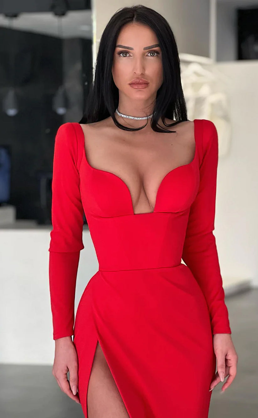 RP1690-Fashion Red Mermaid Sweetheart Ruched Sleeveless Satin Prom Evening Dresses Formal Party Gowns With Slit
