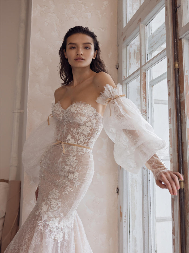 Gorgeous & Classic Mermaid Wedding Dresses Sweetheart Appliqued Beads Detachable Puffy Sleeves Tulle Sweep Train Bridal Gowns Custom