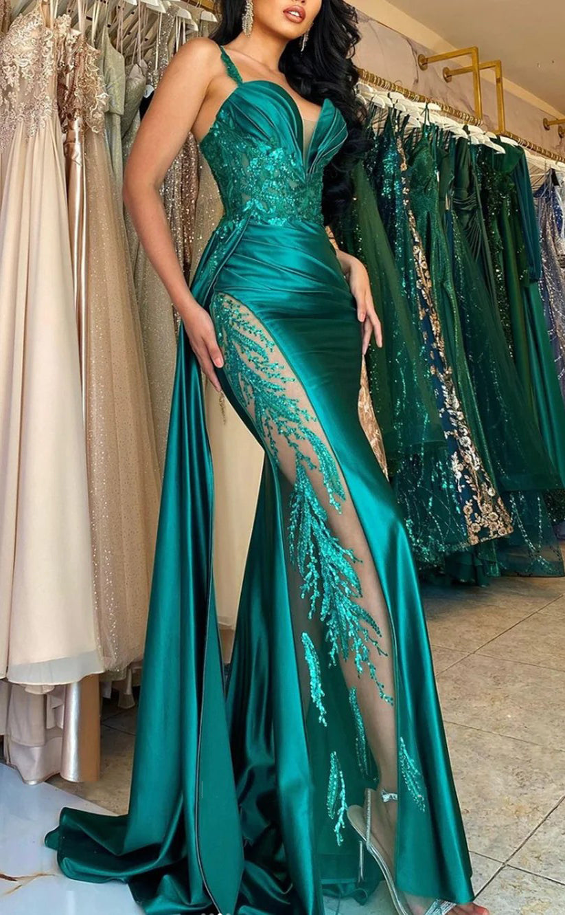 RP1679-Charming Green Mermaid Spaghetti Sequins Appliqued Sleeveless Satin Prom Evening Dresses Formal Party Gowns