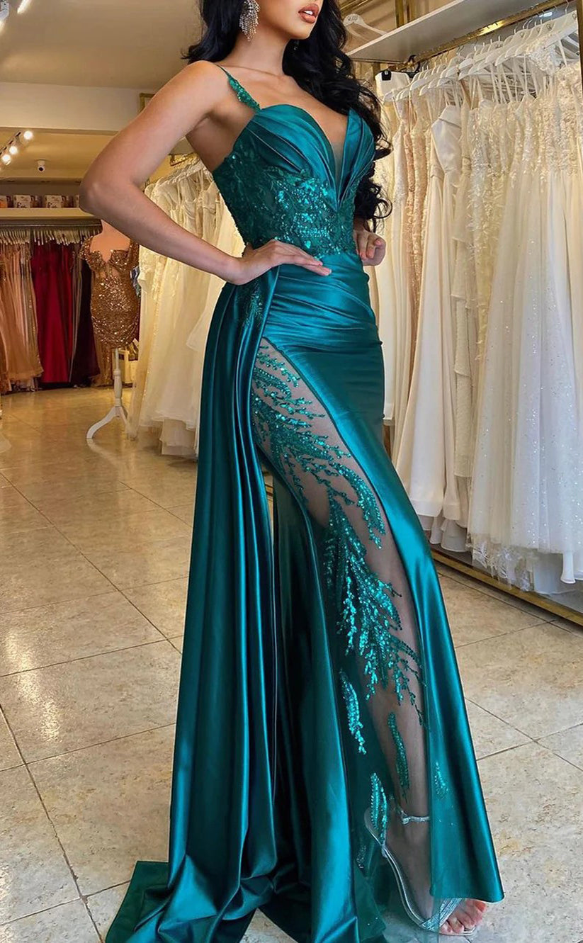RP1679-Charming Green Mermaid Spaghetti Sequins Appliqued Sleeveless Satin Prom Evening Dresses Formal Party Gowns