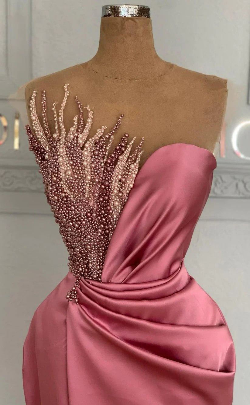 RP1680-New Mermaid Strapless Ruched Pearls Sleeveless Satin Prom Evening Dresses Formal Party Gowns With Slit