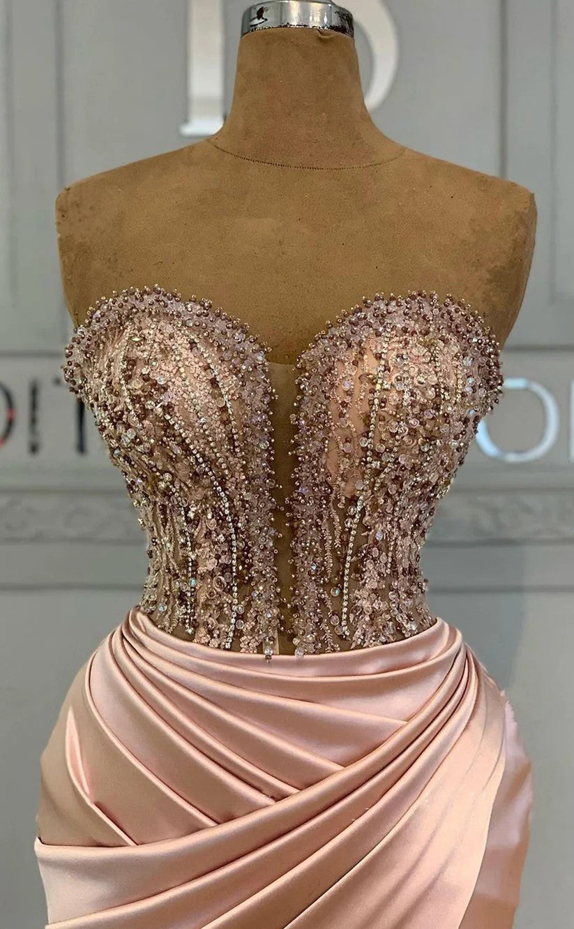 RP1683-New Powder Mermaid Sweetheart Ruched Beaded Sleeveless Satin Prom Evening Dresses Formal Party Gowns With Slit