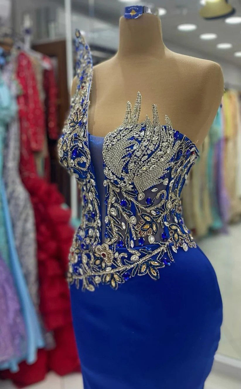 RP1272-Charming Royal Blue Mermaid Strapless Beaded Crystals Sleeveless Prom Evening Dresses Formal Party Gowns