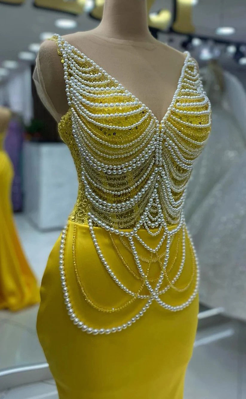 RP1274-Luxury Yellow Mermaid Scoop Pearls Tassel Sleeveless Prom Evening Dresses Formal Party Gowns