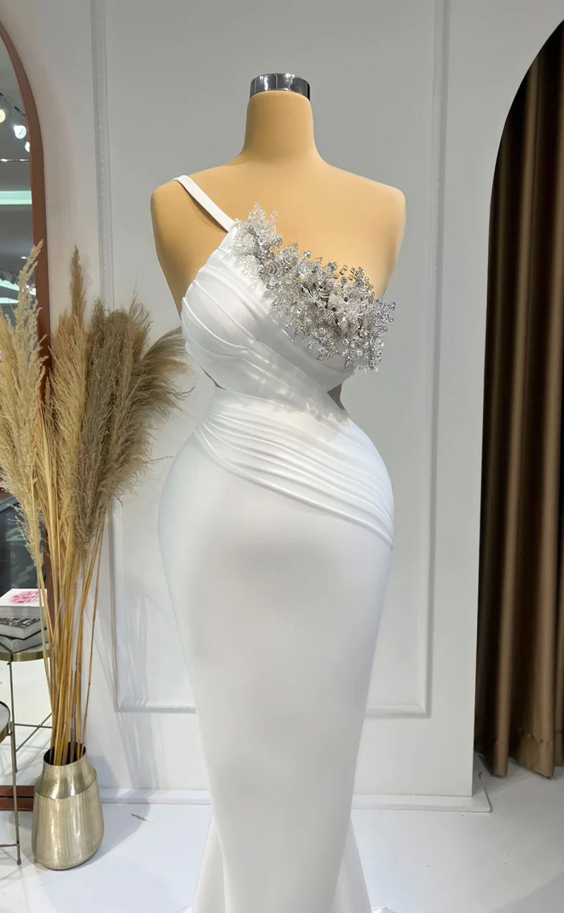 RP271-Classic Trumpet One ShoulderBeads Appliqued Sleeveless Prom Evening Dresses Formal Party Gowns