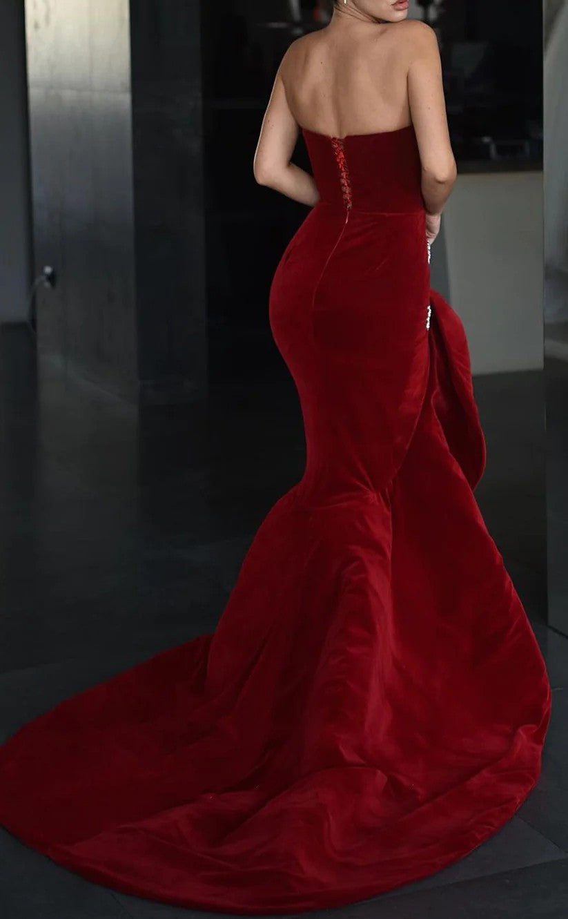 RP1284-Charming Red Mermaid Sweetheart Crystals Flower Velvet Prom Evening Dresses Formal Party Gowns With Slit