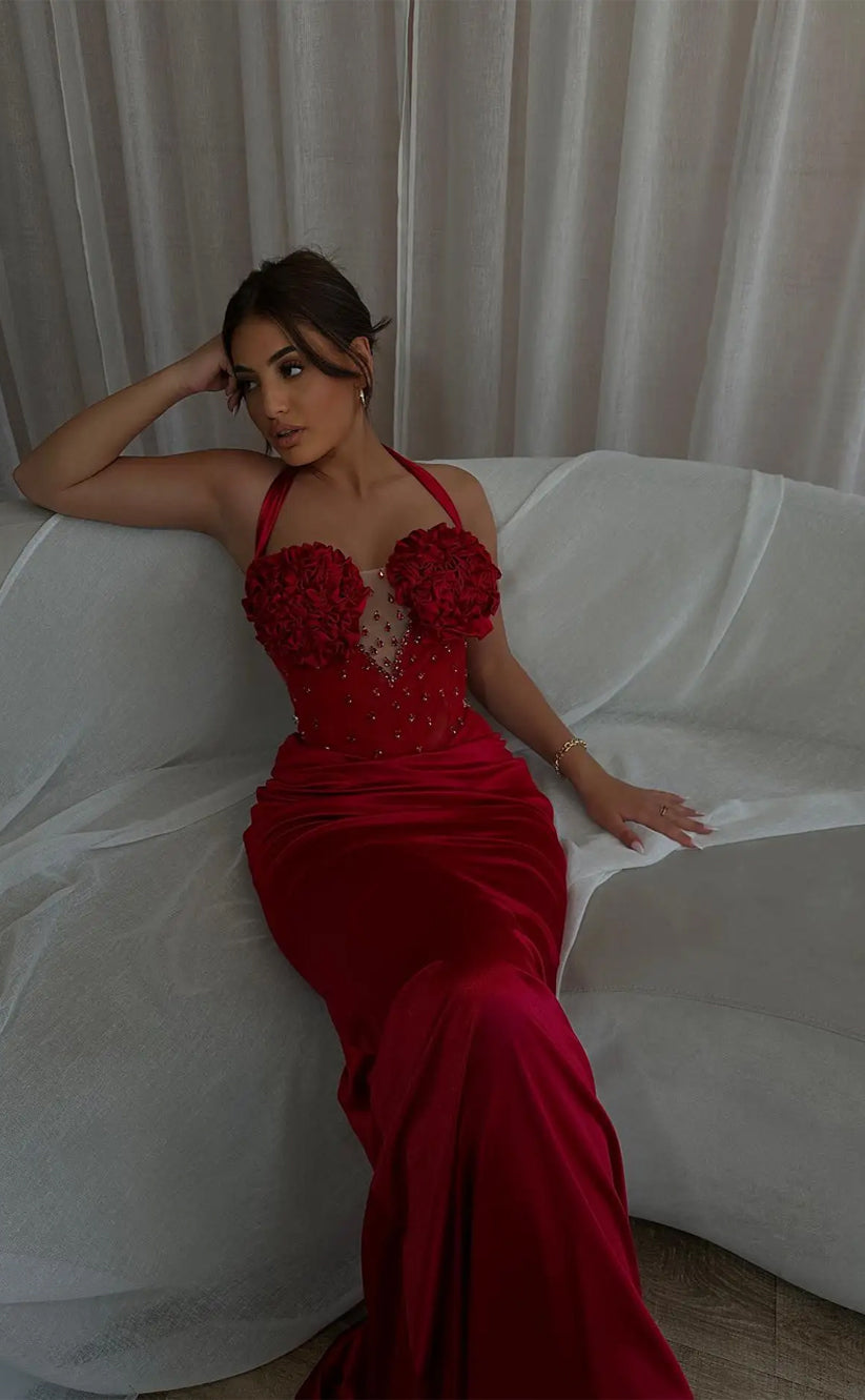 RP1220-Elegant Red Mermaid Spaghetti Beads Sleeveless Satin Prom Evening Dresses Formal Party Gowns With Handmade Flowers
