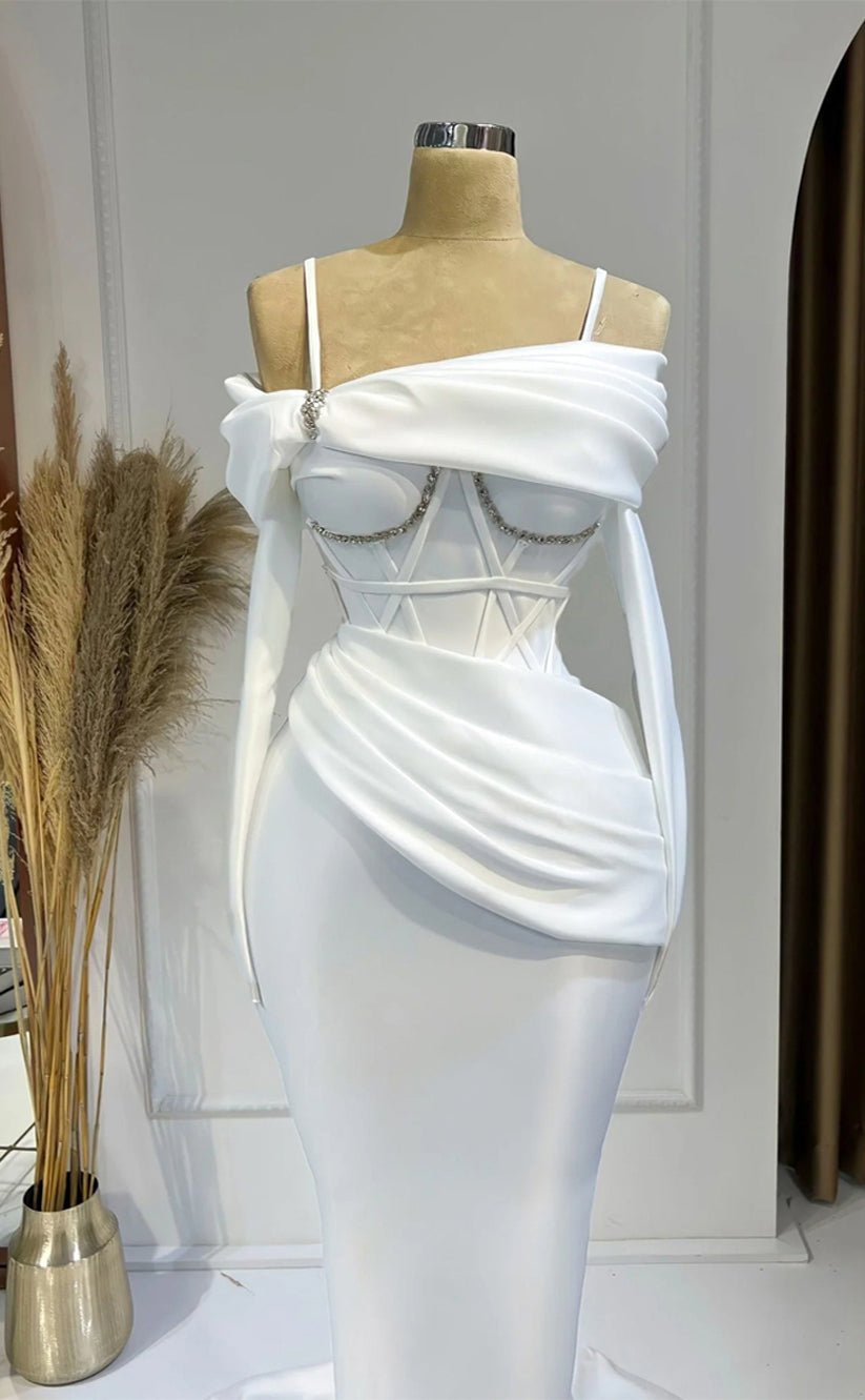 RP274-Classic Trumpet Spaghetti Beads Pleated Sleeveless Prom Evening Dresses Formal Party Gowns