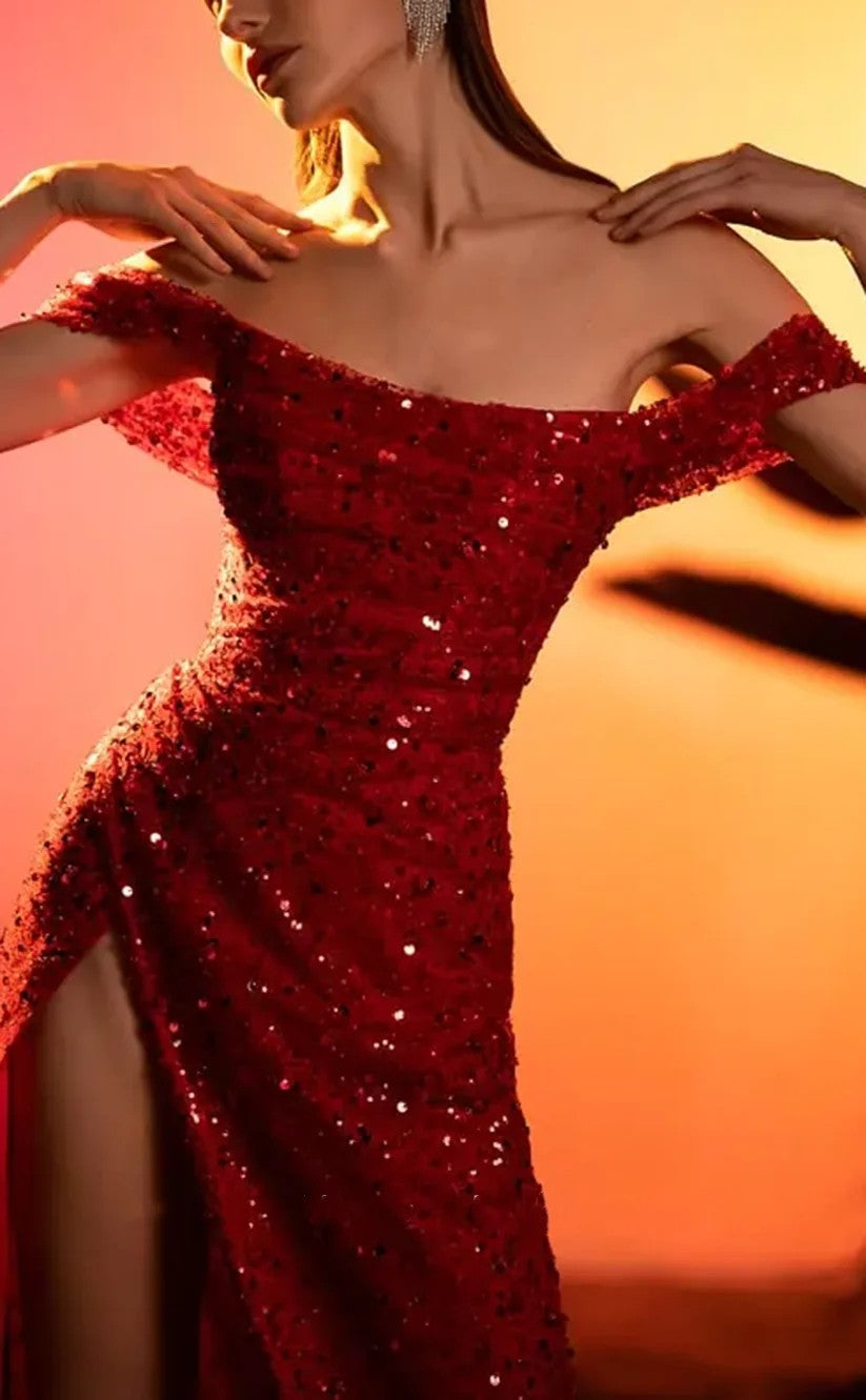 RP1245-Sparkling Black Mermaid Off-the-Shoulder Sequins Cap Sleeves Long Prom Evening Dresses Formal Party Gowns With Split