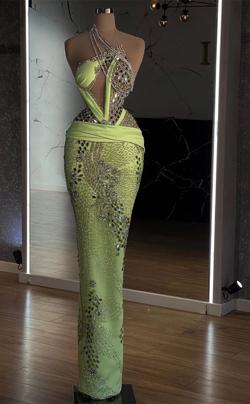 RP275-Gorgeous Trumpet One Shoulder Beads Crystals Sleeveless Prom Evening Dresses Formal Party Gowns With Detachable Train