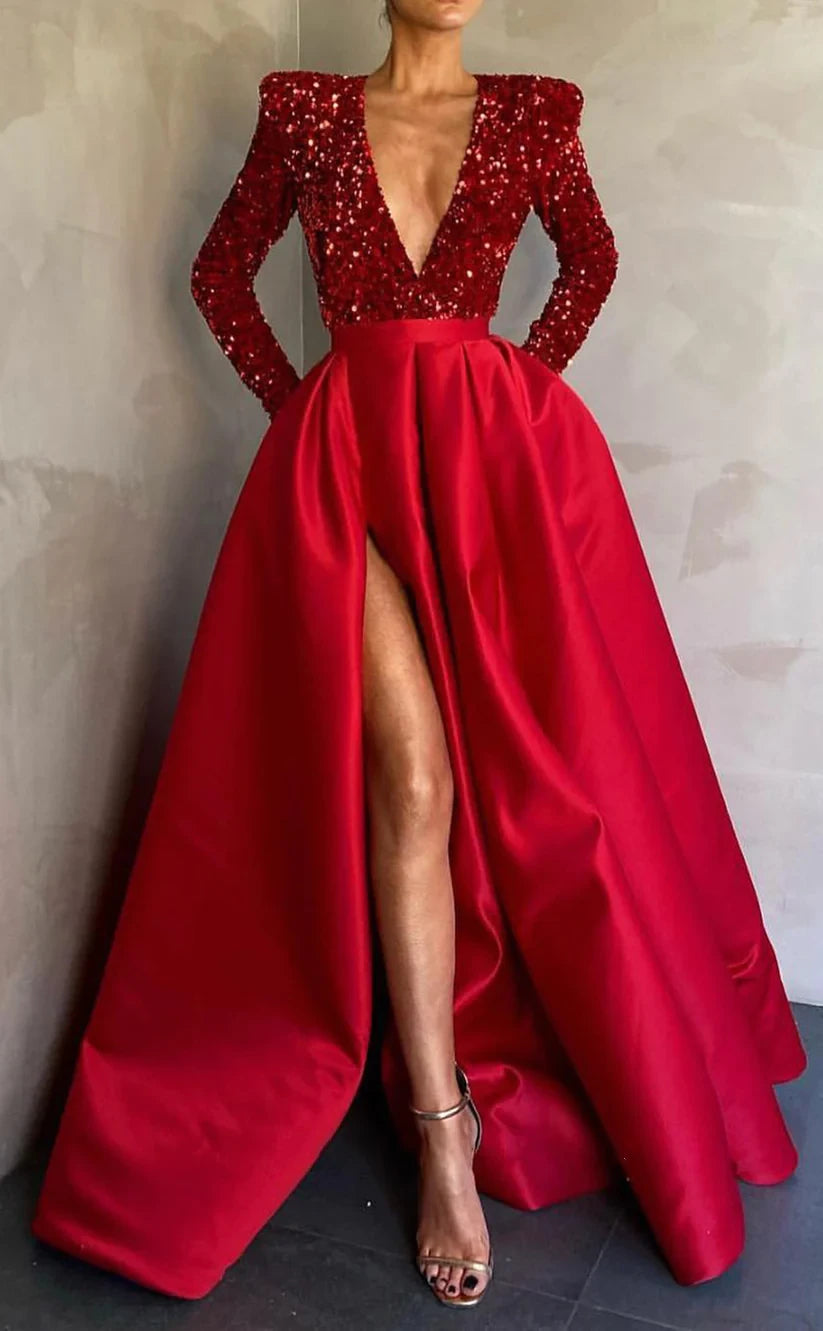 RP046-Elegant A-Line Deep V-Neck Long Sleeves Sequins Side Split Satin Long Women's Prom Evening Dresses Formal Party Gowns