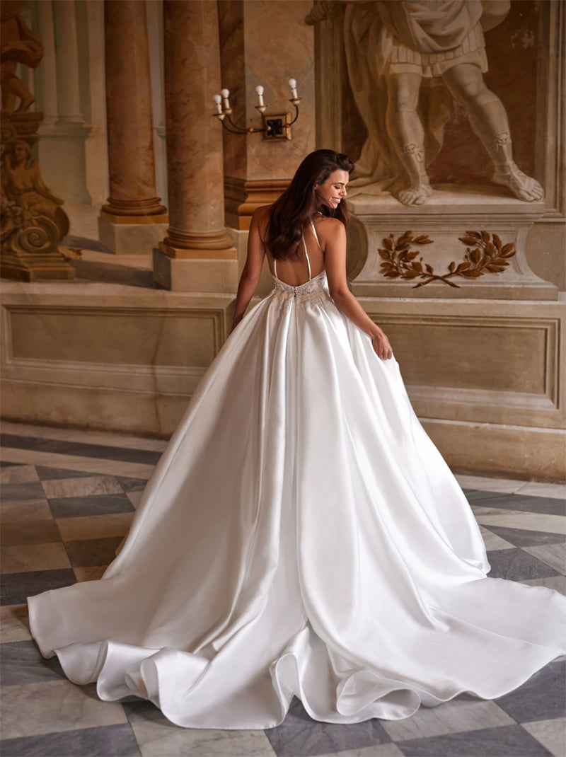 Fantastic & Elegant A-Line Boho Wedding Dresses High Collar Cap Sleeves Satin Sweep Train Bridal Gowns Custom Made