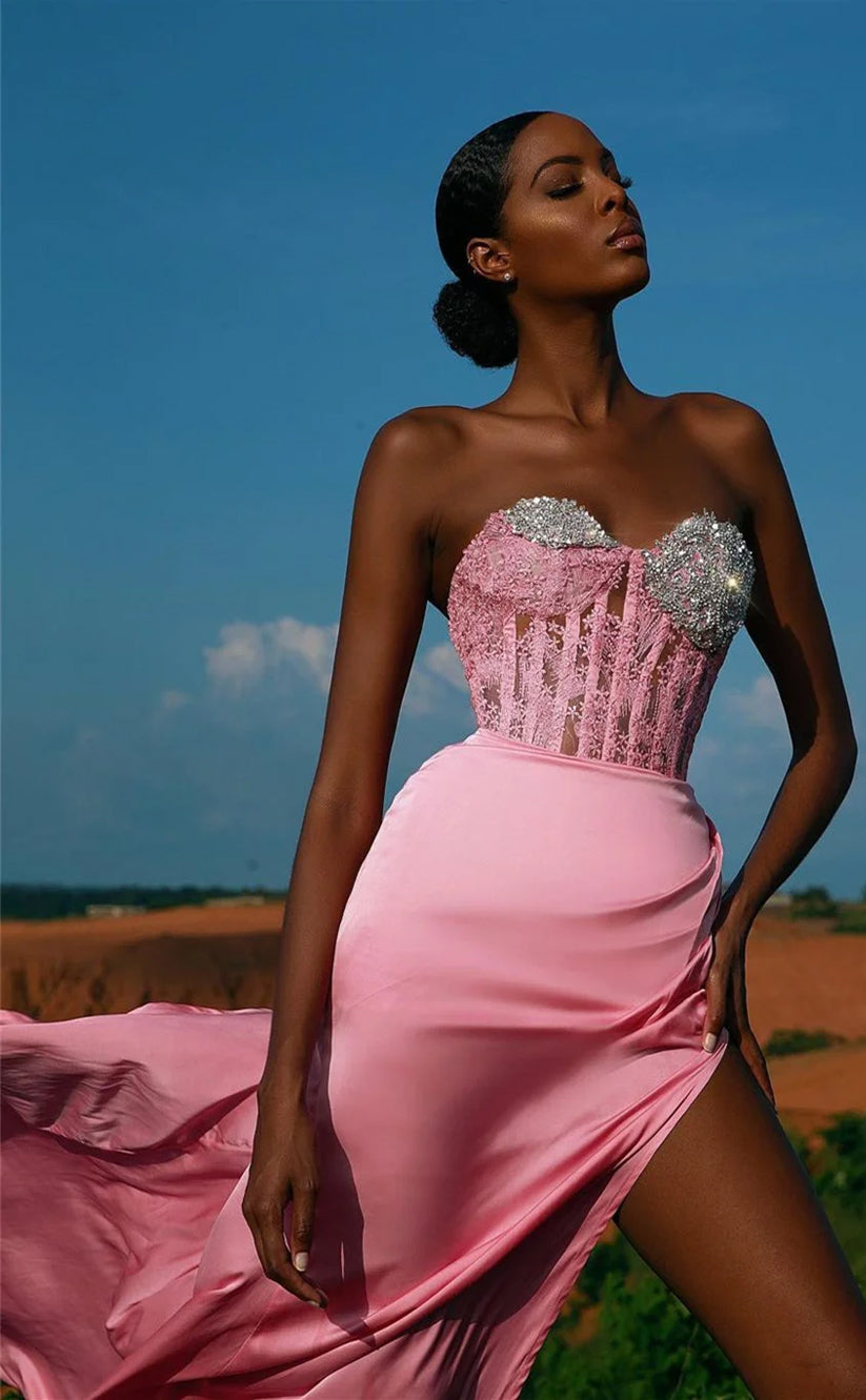 RP1138-Unique Pink Mermaid Sweetheart Sequins Crystals Sleeveless Long Prom Evening Dresses Formal Party Gowns With Slit
