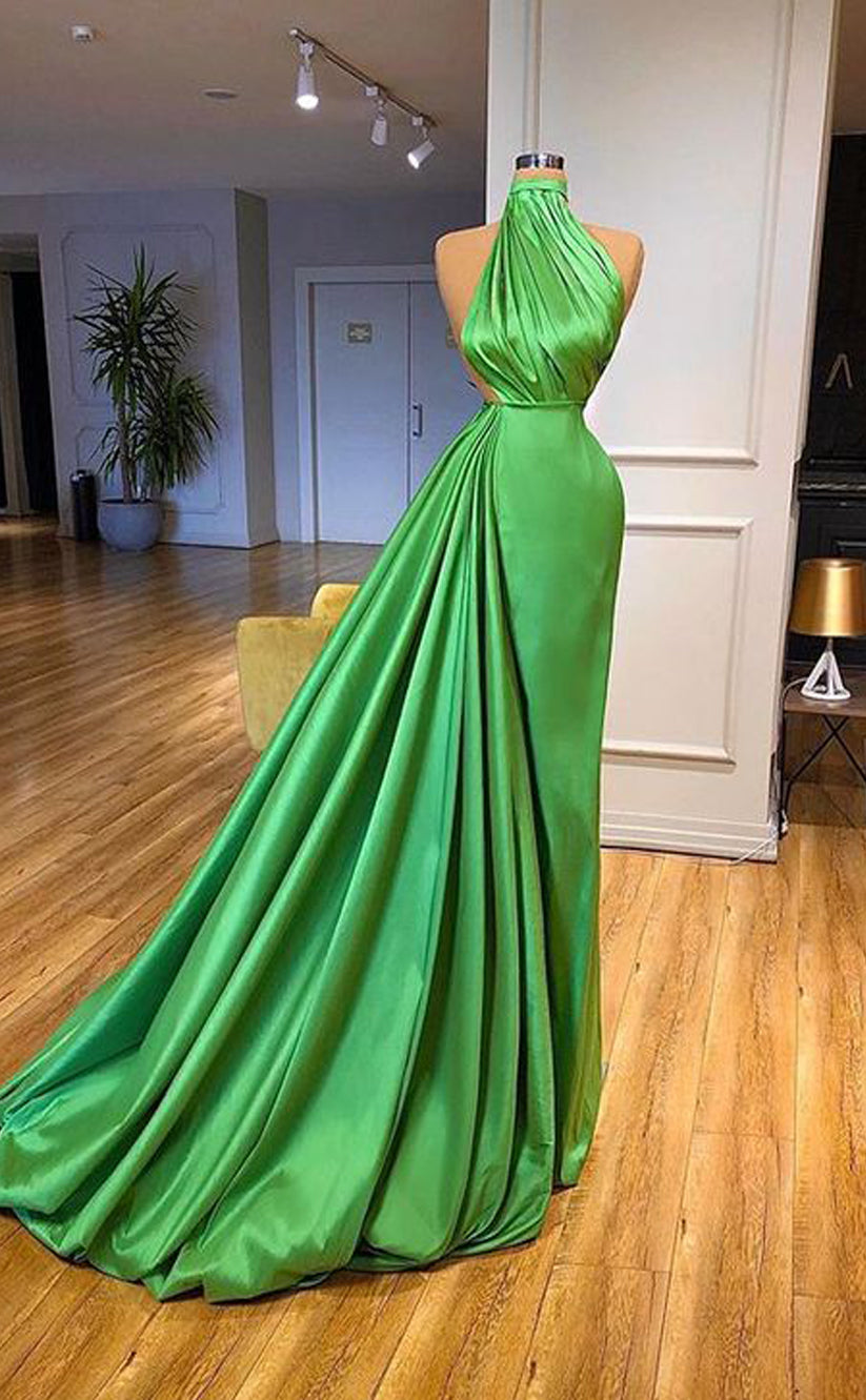 RP1155-Elegant Green Mermaid High Neck Ruched Sleeveless Satin Long Prom Evening Dresses Formal Party Gowns With Train