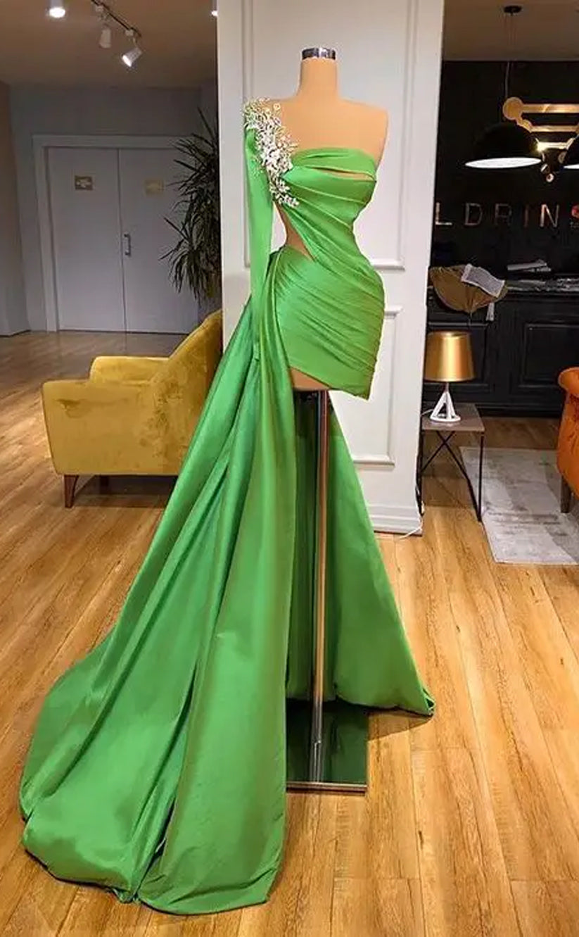 RP1155-Elegant Green Mermaid High Neck Ruched Sleeveless Satin Long Prom Evening Dresses Formal Party Gowns With Train