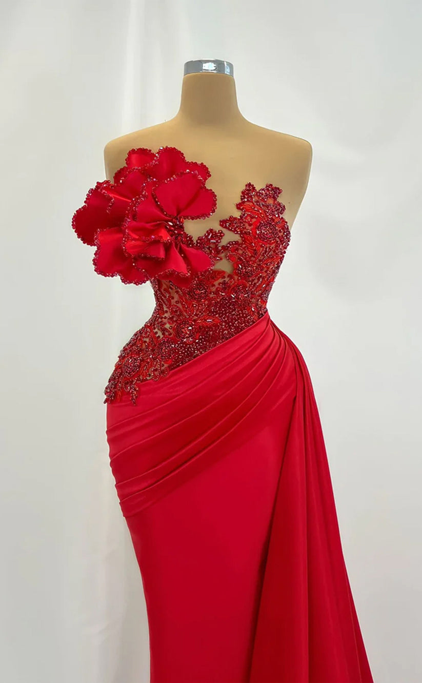 RP285-Gorgeous Red Mermaid Strapless Beads Pleated Sleeveless Prom Evening Dresses Formal Party Gowns With Flowers