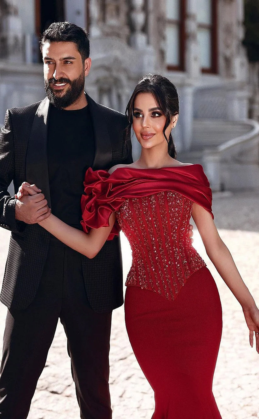 RP1125-Elegant Red Mermaid Off-the-Shoulder Beads Cap Sleeves Long Prom Evening Dresses Formal Party Gowns