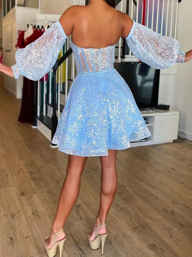 Elegant A-Line Sweetheart Blue Off The Shoulder Puff Sleeve Beads Appliques Zipper Back Homecoming Dresses With Sequins Prom Dress Graduation Dresses