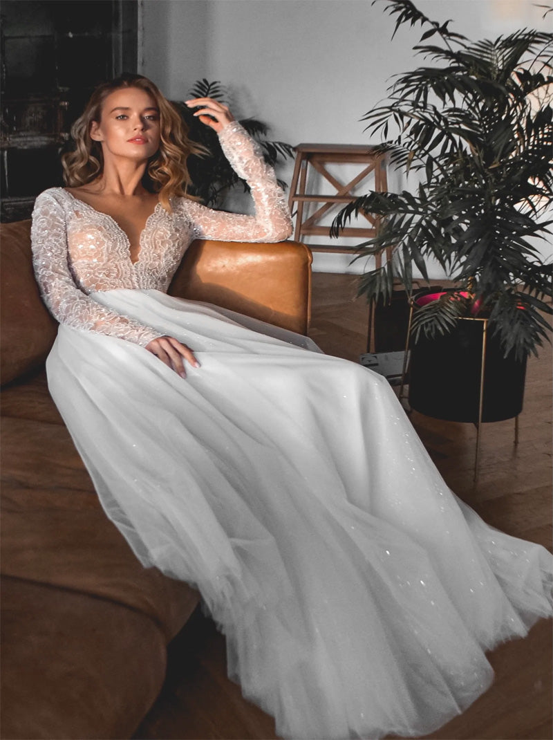 Sparkling A-Line Wedding Dresses V-Neck Beads Sequins Appliques Covered Buttons Lace Long Sleeves Tulle