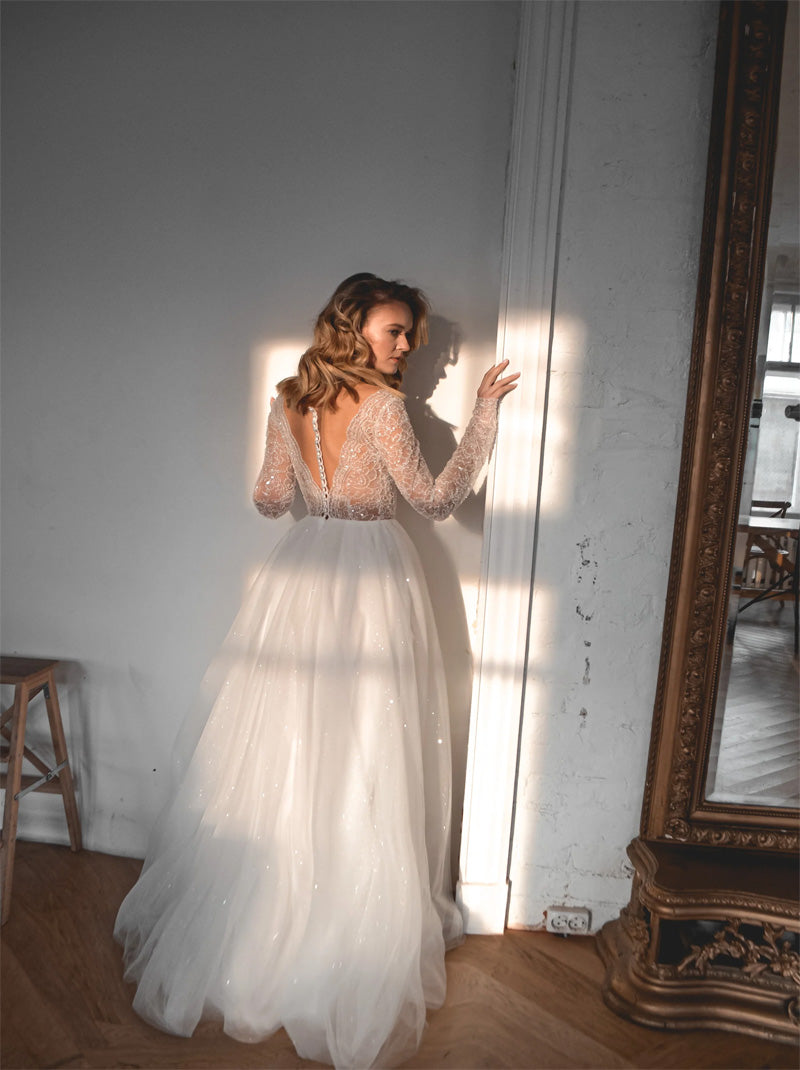 Sparkling A-Line Wedding Dresses V-Neck Beads Sequins Appliques Covered Buttons Lace Long Sleeves Tulle