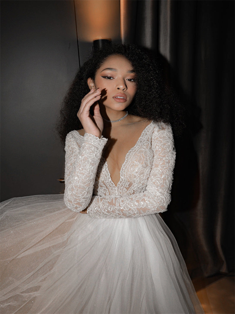 Sparkling A-Line Wedding Dresses V-Neck Beads Sequins Appliques Covered Buttons Lace Long Sleeves Tulle