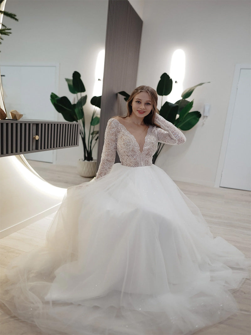 Sparkling A-Line Wedding Dresses V-Neck Beads Sequins Appliques Covered Buttons Lace Long Sleeves Tulle