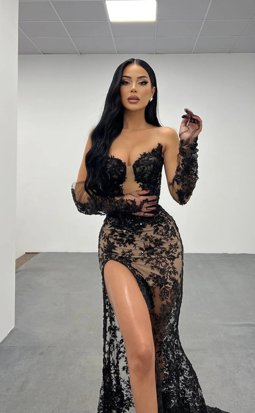 RP1104-Elegant Black Mermaid Sweetheart Beads Appliqued Long Sleeves Lace Long Prom Evening Dresses Formal Party Gowns With Slit