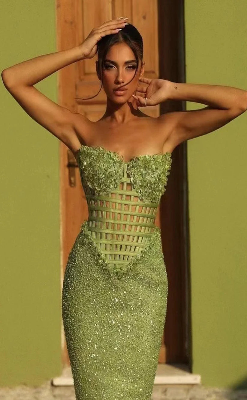 RP1078-Elegant Green Mermaid Strapless Sequins Sleeveless Floor Length Prom Evening Dresses Formal Party Gowns