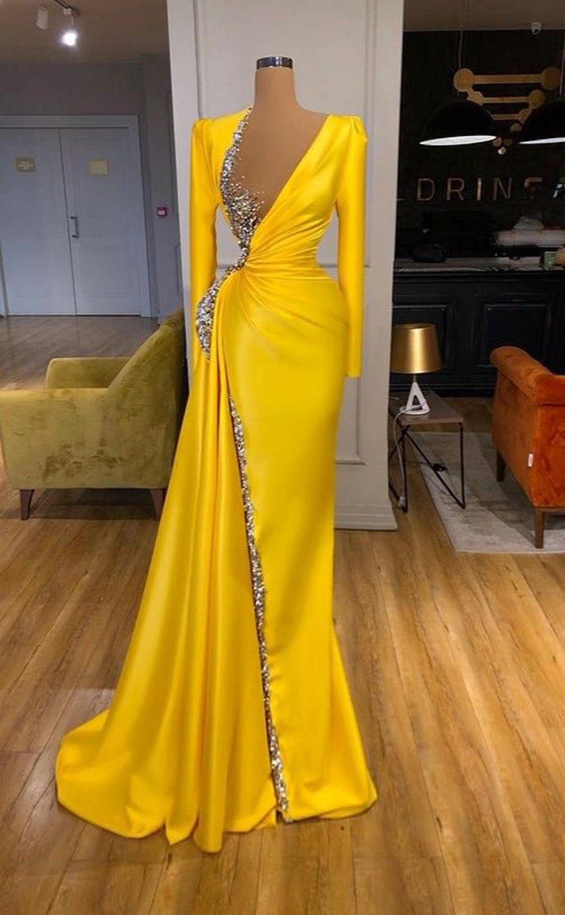 RP1061-Elegant Yellow Mermaid Asymmetric Neck Ruched Beads Long Sleeves Long Prom Evening Dresses Formal Party Gowns