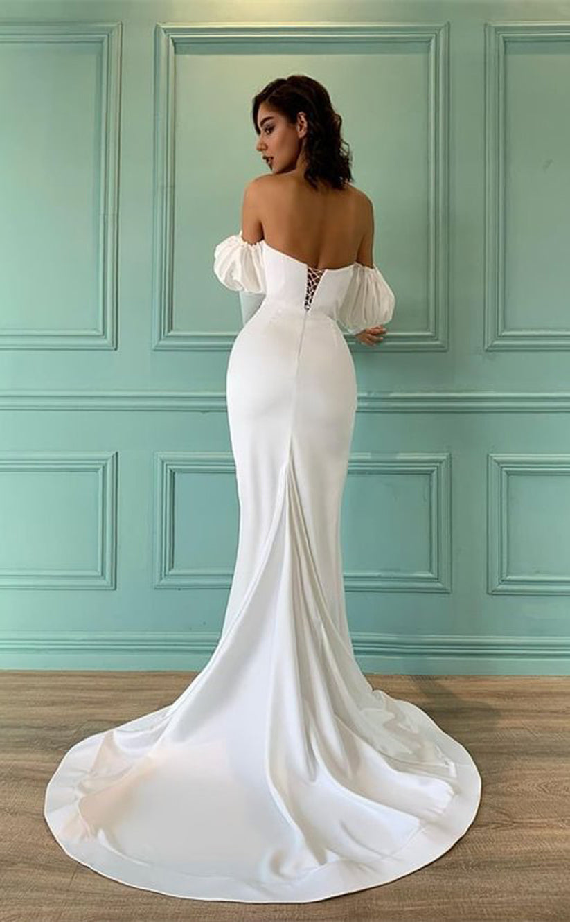 RP1059-Elegant White Mermaid Sweetheart Ruched Long Sleeves Long Prom Evening Dresses Formal Party Gowns With Slit
