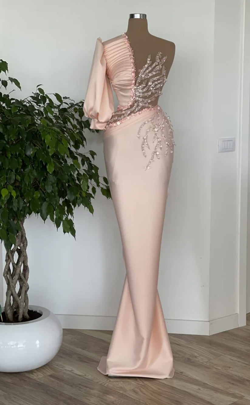 RP292-Modern Mermaid One Shoulder Beads Crystals One Long Sleeve Prom Evening Dresses Formal Party Gowns