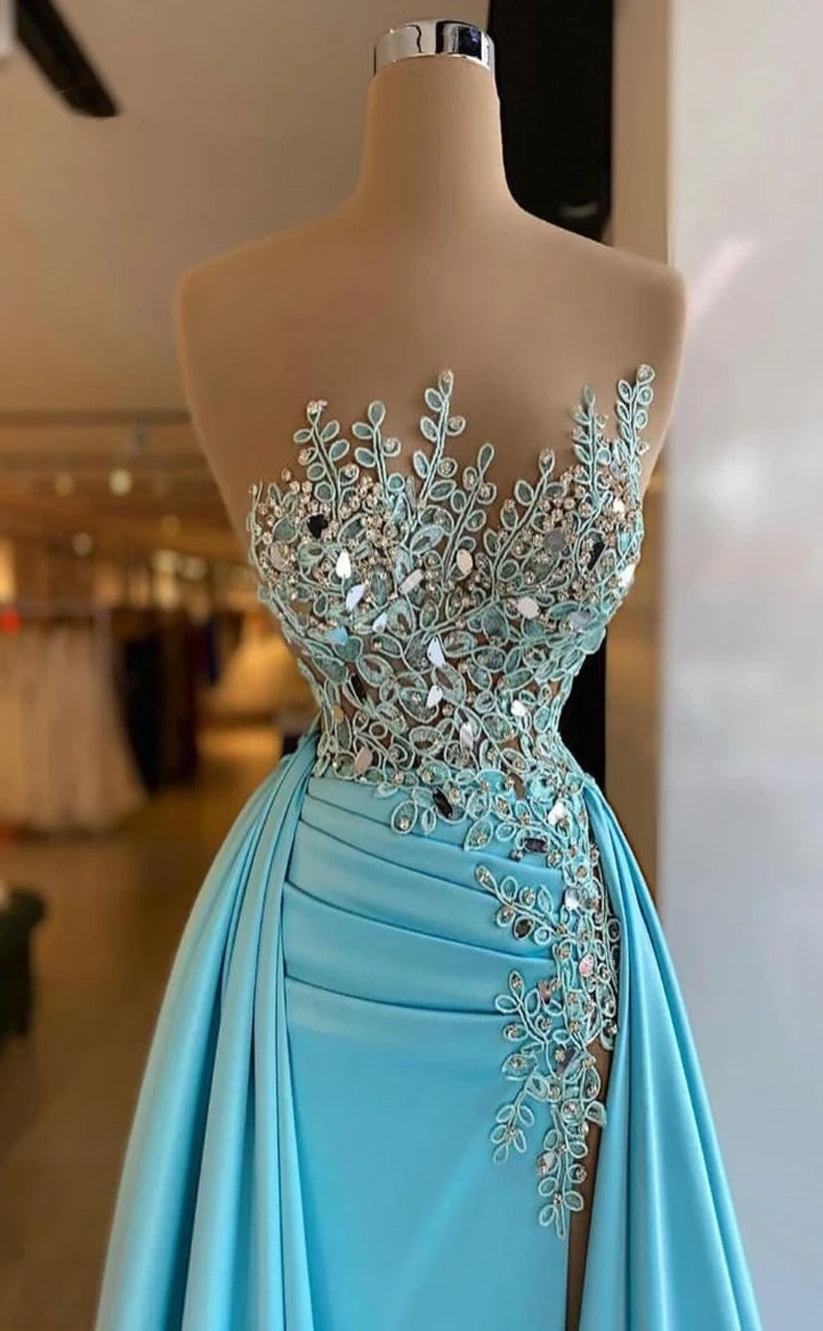 RP364-Sky Blue Mermaid Strapless Beaded Appliqued Pleated Prom Evening Dresses Formal Party Gowns