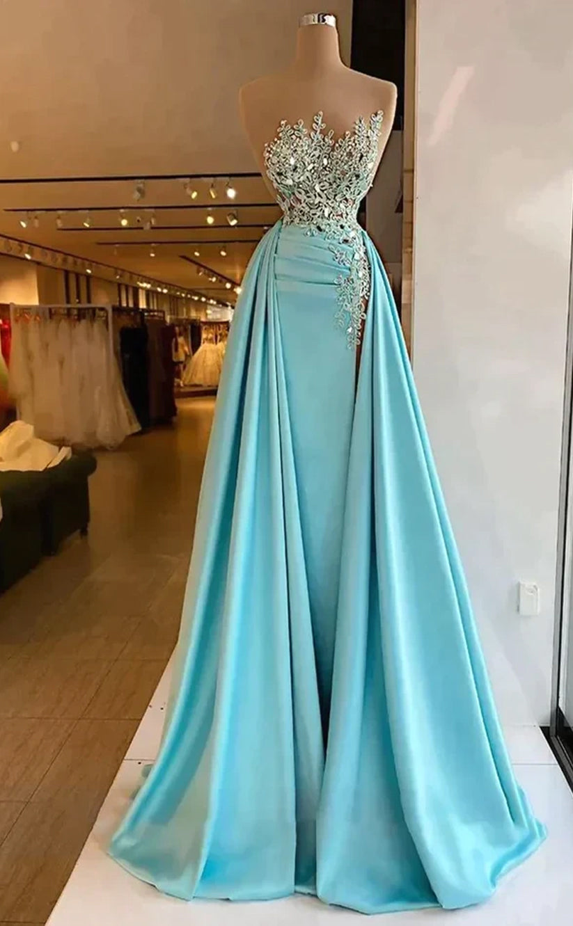 RP364-Sky Blue Mermaid Strapless Beaded Appliqued Pleated Prom Evening Dresses Formal Party Gowns